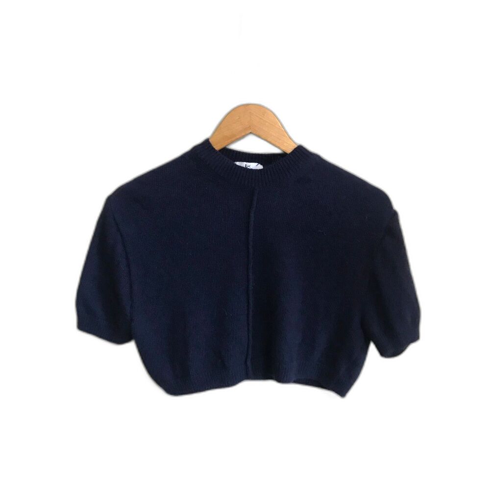 LYSM Love You So Much navy blue short sleeve cropped wool blend sweater S/M